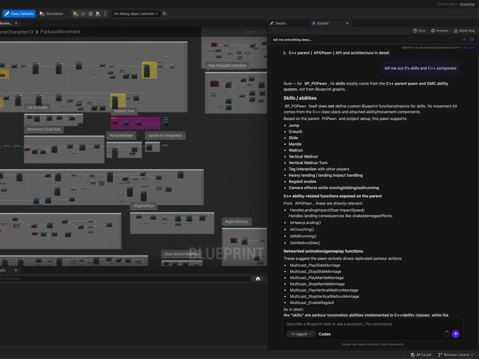 The Kismet agent panel docked inside the Unreal Blueprint editor, next to the graph